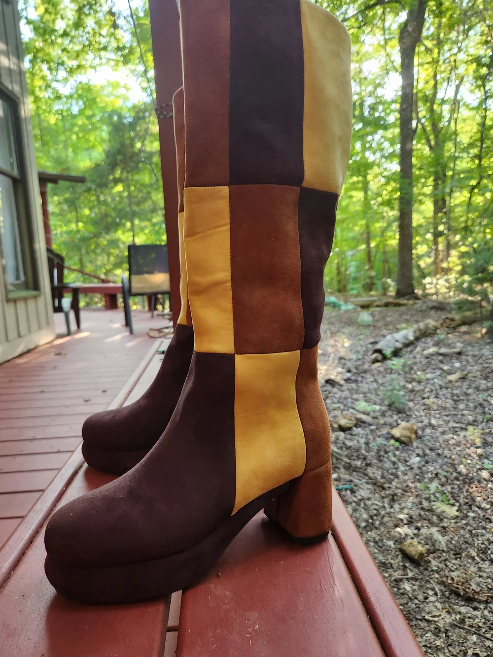 Patchwork Brown Vegan Suede Platform Knee Boots